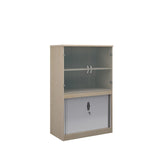 Systems storage combination bookcase with horizontal tambour and glass doors