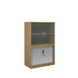 Systems storage combination bookcase with horizontal tambour and glass doors